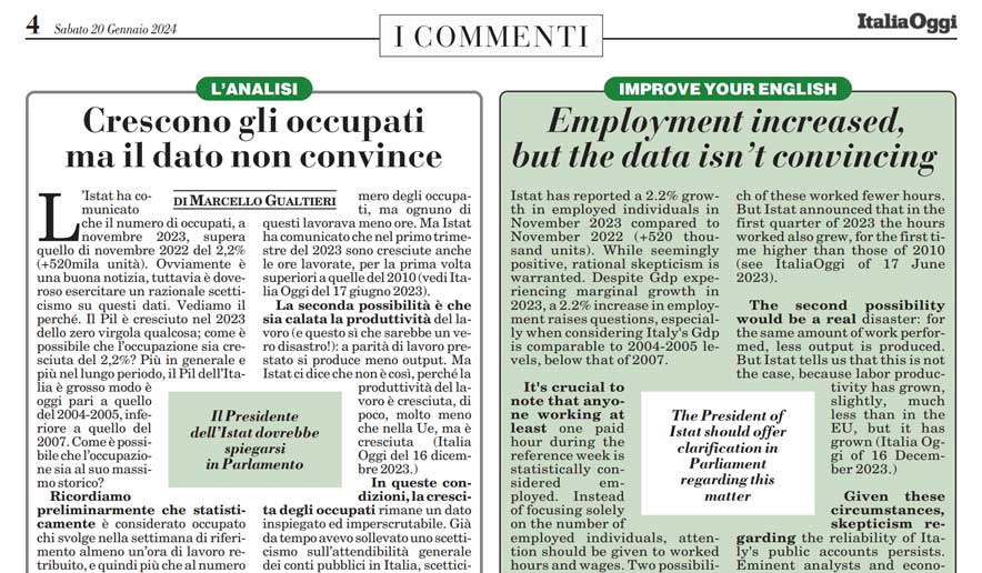 Cresconoglioccupatimaildatononconvince Marcello Gualtieri Crescono gli occupati ma il dato non convince