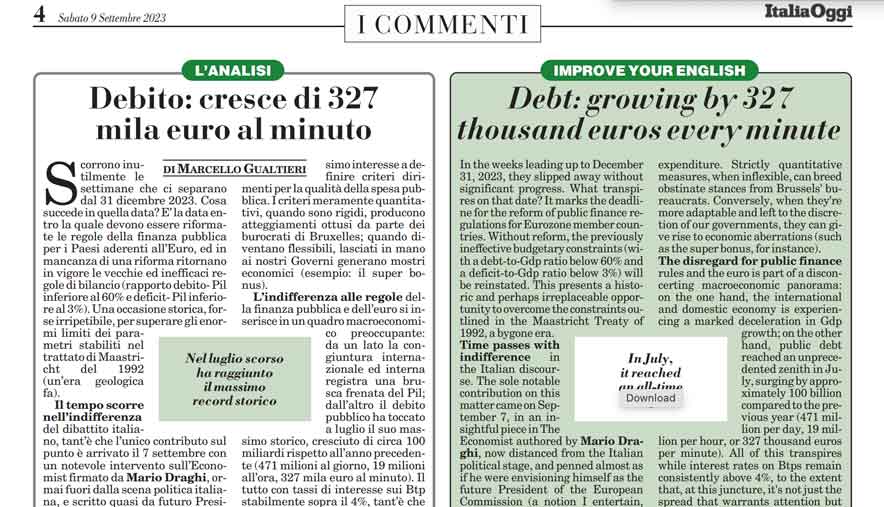 Debito- cresce di 327 mila euro al minuto