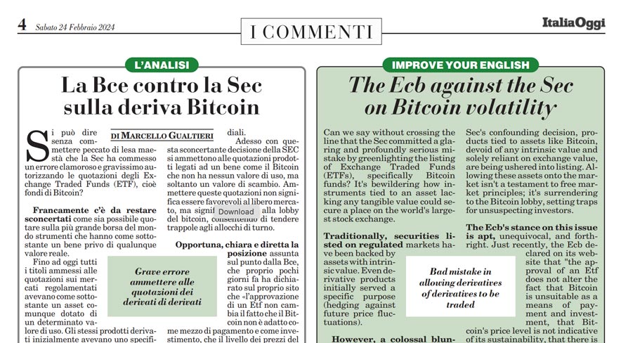 LaBcecontrolaSecsulladerivaBitcoin Marcello Gualtieri La Bce contro la Sec sulla deriva Bitcoin