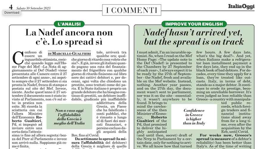 La Nadef ancora non c'è. Lo spread sì