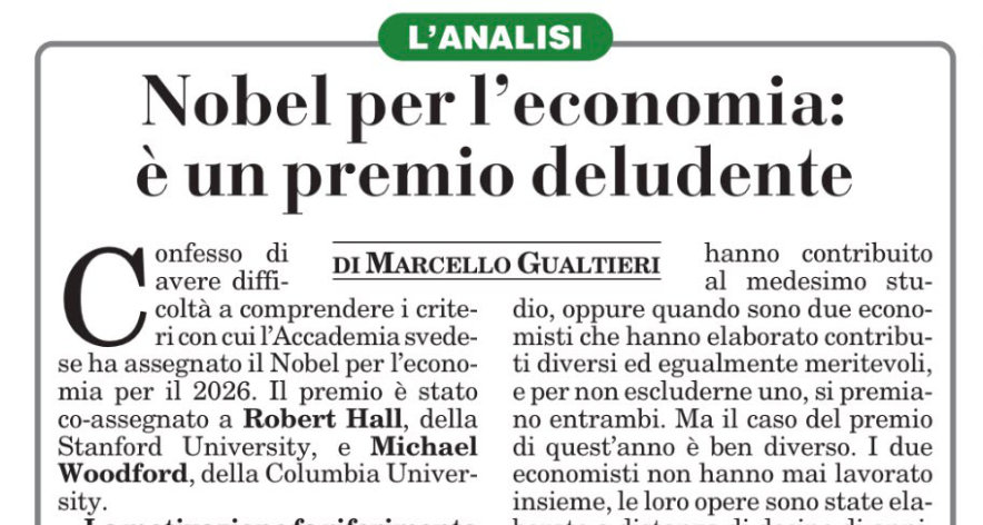 Nobel per l’economia: è un premio deludente