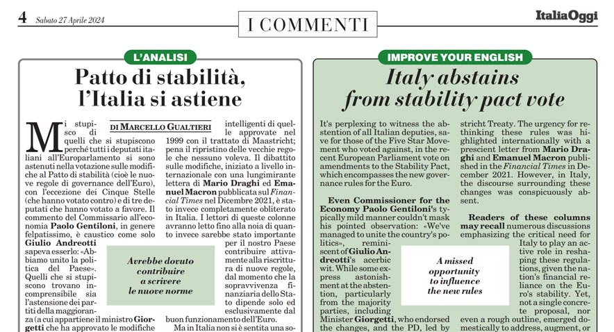 Patto di stabilità, l'Italia si astiene