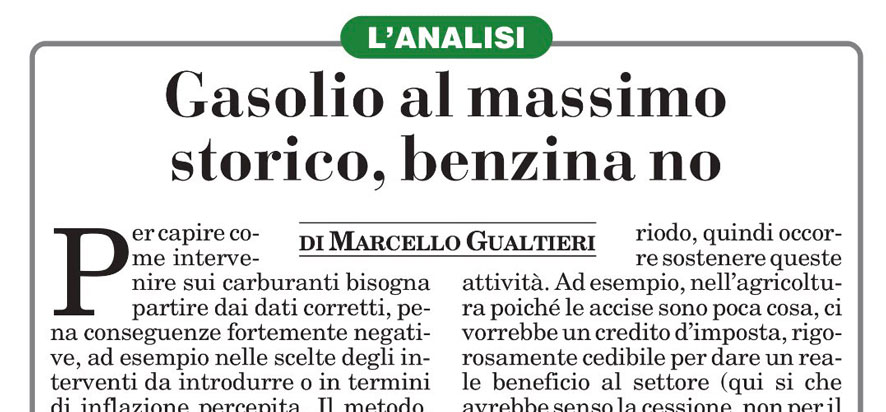 Gasolio al massimo storico, benzina no